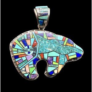 Vintage HUGE Navajo Multi Stone Inlay Sterling Silver Bear Pendant Micromosaic